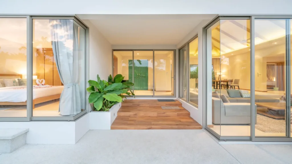 Modern home with large glass doors
